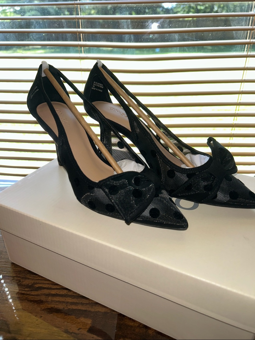 Pointed-Toe Black Polka-Dot Mesh Slingback Heels